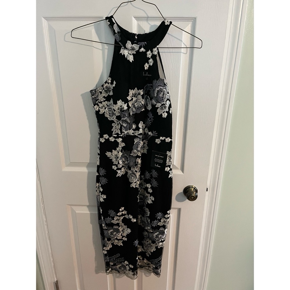 NWT Lulu's Black Floral Embroidered Halter Sheath Dress